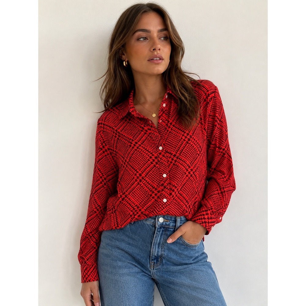 Vintage JCP Red Silk Blend Geometric Print Button Down Shirt Blouse Petite Large